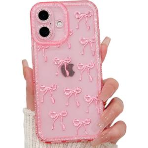NITITOP Compatible with iPhone 16 Case Cute Clear Pink Glitter Bow Knot Design Shiny Star Sparkle Bling Diamond Girls Women Soft TPU Shockproof Protective Phone Cover - Large Bow