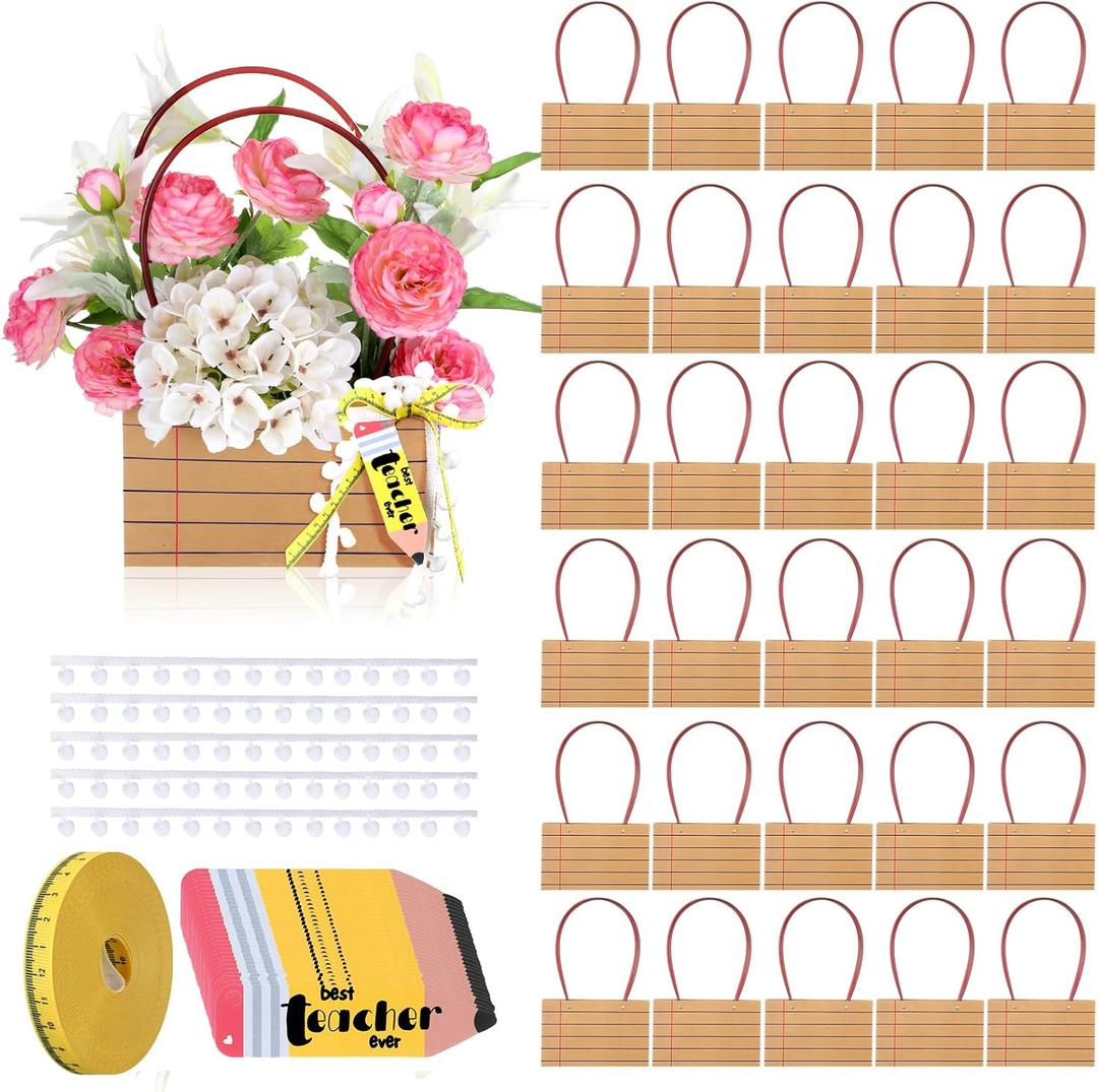 Gilprop 30 Pcs Teacher Appreciation Week Flower Bag with Handle Kraft Flower Bouquet Bags Teacher Appreciation Gift Bag with Pencil Tag Tape Measure Ribbon for School End of Year(Rectangular,Brown)