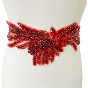 Pure Handmade Rhinestones Applique Shining Decoration Trim Patches with Sewing Beads Glass Stones for Dress Clothing blet Accessories 14X3.9inches (Red)