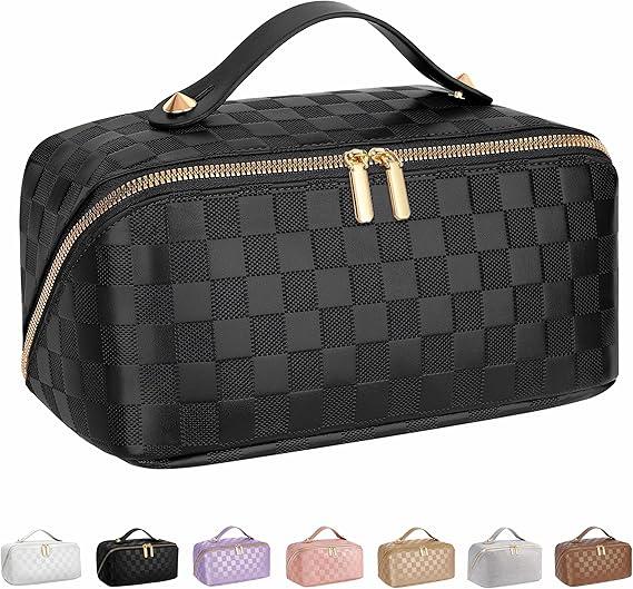 ALEXTINA Large Capacity Travel Cosmetic Bag  Portable Makeup Bags for Women Travel Toiletry Bag Waterproof Leather Checkered Makeup Organizer Bag for Travel Essentials, Open Flat Make up Bag, Black