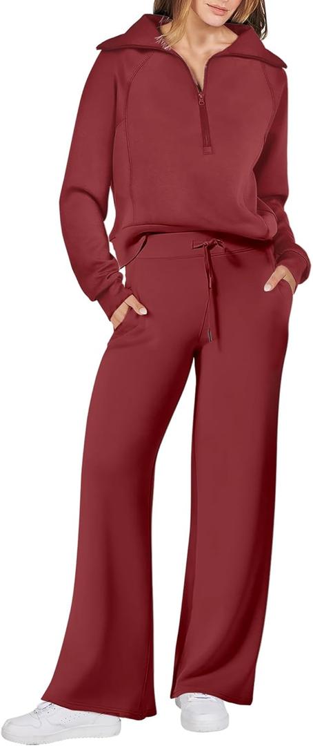ANRABESS Womens 2 Piece Outfits Half Zip Sweatshirt & Wide Leg Pants Airport Travel Lounge Matching Sets Sweatsuits Clothing L