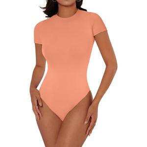 Cyanstyle Women's Sexy Short Sleeve Crew Neck Double Lined Going Out Thong Bodysuit Tops, Size: Small