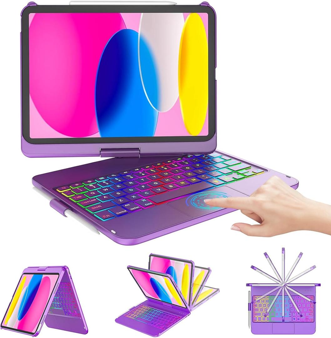 CC Store for iPad (A16) 11th 10th Generation Case with Keyboard - 7 Color Backlit 360° Swivel Multi-Touch Track Pencil Holde for iPad 11-inch A16 2025 10th Gen 10.9 Inch 2022 (Purple)