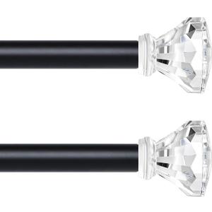 Black Decorative Crystal Curtain Rods 2 Pack:Heavy Duty Adjustable Window Curtains Rods for Living Room Bedroom,Matte Black Modern Acrylic Drapery Rod with Clear Bling Diamond Finials,18-45"