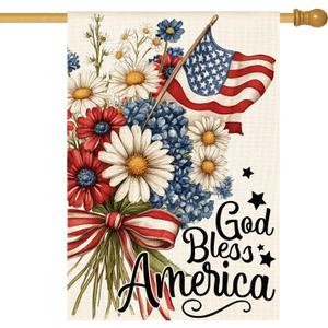 AVOIN colorlife Patriotic 4th of July Floral House Flag 28x40 Inch Double Sided Outside, Memorial Day God Bless America Yard Outdoor Decoration