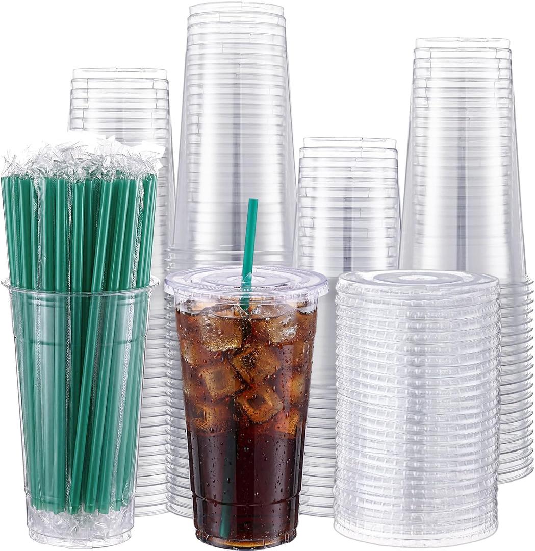 Nuogo 100 Set 32oz Clear PET Plastic Cups with Flat Lids,Green