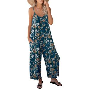 ANRABESS Women Jumpsuits 2026 Casual Sleeveless Spaghetti Strap Boho Wide Leg Rompers Summer Outfits Beach Vacation Clothes (Blue, S)