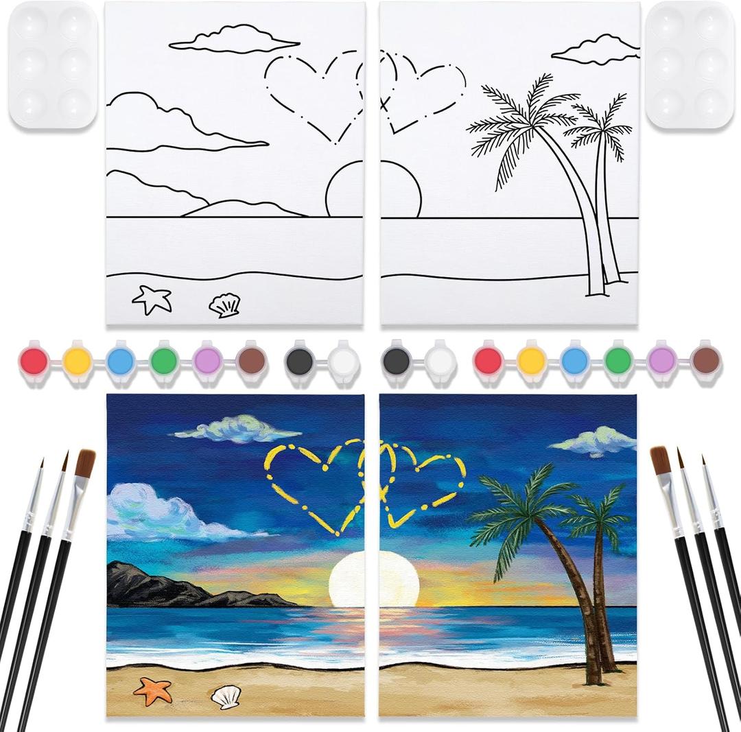 VOCHIC 2 Pack Sip and Paint Kit Pre Drawn Canvas for Painting for Adults Couples Date Night Games Outline Canvas Party Art Set Paints Brushes Pallets Valentine (12x16 Inches, Beach and Heart)