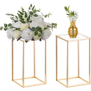 Nuptio 2 Pcs Metal Flower Floor Vase Column Flower Stand Geometric Centerpieces Vase for Tables, 15 inch Tall Gold Flower Holder for Home Party Wedding Decorations, Rectangular Flower Display Rack