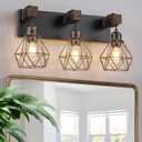 Farmhouse Bathroom Vanity Light Fixtures, 3-Light Wood Bathroom Light Fixtures Over Mirror, Rustic Sconces Wall Lighting with Elegant Metal Lampshade for Living Room, Bedroom, Hallway (Black Gold)
