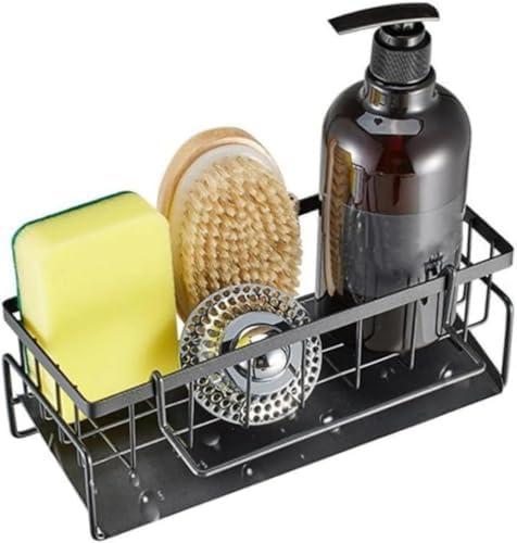 LSLCQW Black Sponge Holder for Kitchen Sink, Sink Caddy Organizer with High Brush Holder, Kitchen Countertop Organizers and Storage Essentials, Rustproof 304 Stainless Steel, Soap Dispenser