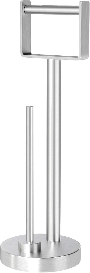 YUMORE Toilet Paper Holder Stand with Storage, Bathroom Weighted Base Floor Toilet Paper Roll Holder Free Standing for 3 Rolls, Brushed Nickel