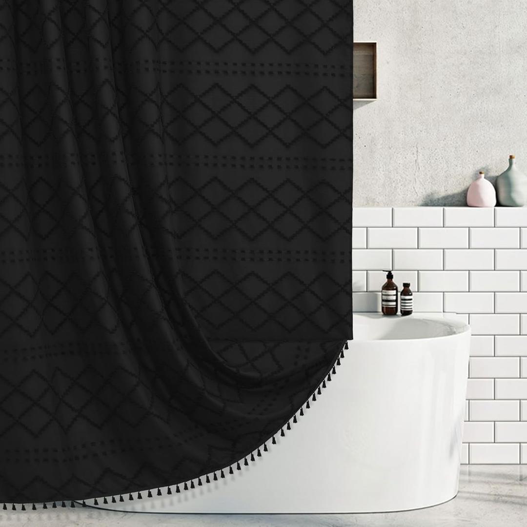 Extra Long Black Woven Fabric Boho Shower Curtain with Tassels 72 x 80 Modern Farmhouse Minimalist, Tufted Chevron Textured Striped Shabby Chic, Water Resistant Cloth Curtain for Bathroom, Hotel Decor