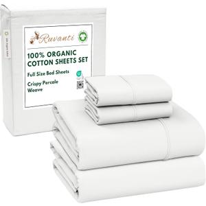 RUVANTI 100% Organic Cotton Sheets Full Size, Percale Weave, GOTS Certified, 4-Piece Set, Deep Pocket 15", Crisp & Breathable, Soft Durable Bedding, Organic Cotton Sheets Bit of Blue
