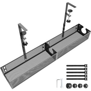 Under Desk Cable Management Tray - Fits up to 1.77" Thick Desks, No-Drill Clamp-on Wire Organizer, Reversible Inward/Outward Install, Heavy Duty Metal Power Strip Holder for Home Office & Gaming Desk (26.4, Black)
