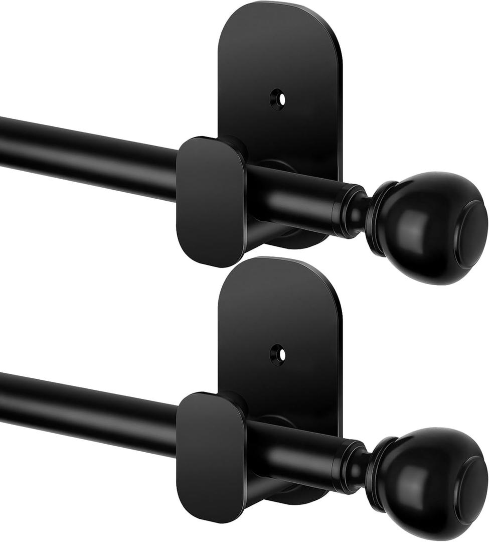2 Pack No Drill Curtain Rods for windows 32 to 58 inch, USFOOK 5/8 In Without Drilling Curtain Rod with 3M Adhesive Brackets, Renter Friendly Drapery Poles with Black Round Finials