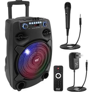 Pyle Portable Bluetooth PA Speaker System - 800W 12 Outdoor Bluetooth Speaker Portable PA System - Party Lights, USB SD Card Reader, FM Radio, Rolling Wheels - Wired microphone, Remote - PPHP127B