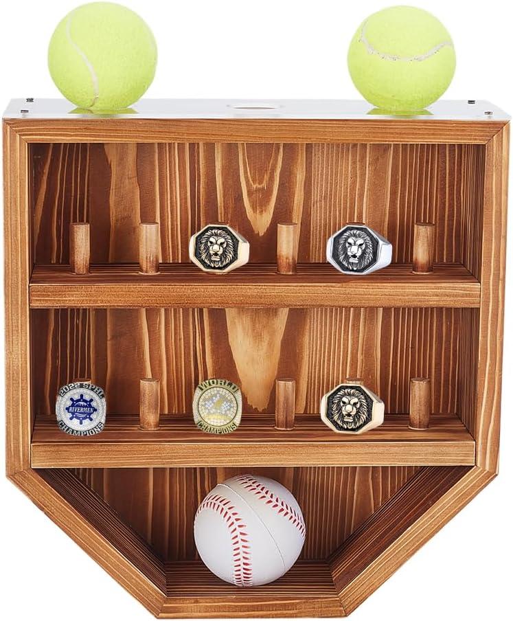UNICRAFTALE 12 Peg Wall Mounted Baseball Ring Holder Championship Ring Display Case Wooden 4 Baseball Organizer Display Stands with Clear Acrylic Stands for Collection Sports Rings Game Balls