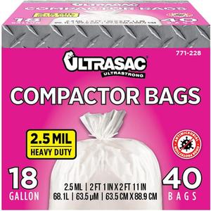 Ultrasac Compactor Bags - (40 Pack with Ties) 18 Gallon for 15 inch Compactors - 25" x 35" Heavy Duty 2.5 MIL Garbage Disposal Bags Compatible with Kitchen aid Kenmore Whirlpool GE Gladiator