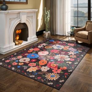 Floral Machine Washable Rug, 3x5 Rug Non Slip Soft Bedroom Rugs for Entryway Dorm, Ultra-Thin Rugs for Bedroom Stain Resistan(3 x 5, Black Garden)