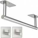 Paper Towel Holder Under Cabinet, Self Adhesive or Wall Mounted SUS304 Stainless Steel Paper Towel Holder for Kitchen, Bathroom(2 Towel Hooks, Silver)