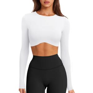 LASLULU Womens Sexy Double Lined Long Sleeve Shirts Crewneck Workout Tops Athletic Yoga Shirts Going Out Crop Tops (White, S)