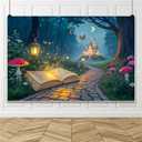 7x5ft Enchanted Fairy Castle Backdrop Spring Enchanted Forest Photography Background Fairy Tale Book Castle Mushroom Butterfly Forest Path Background