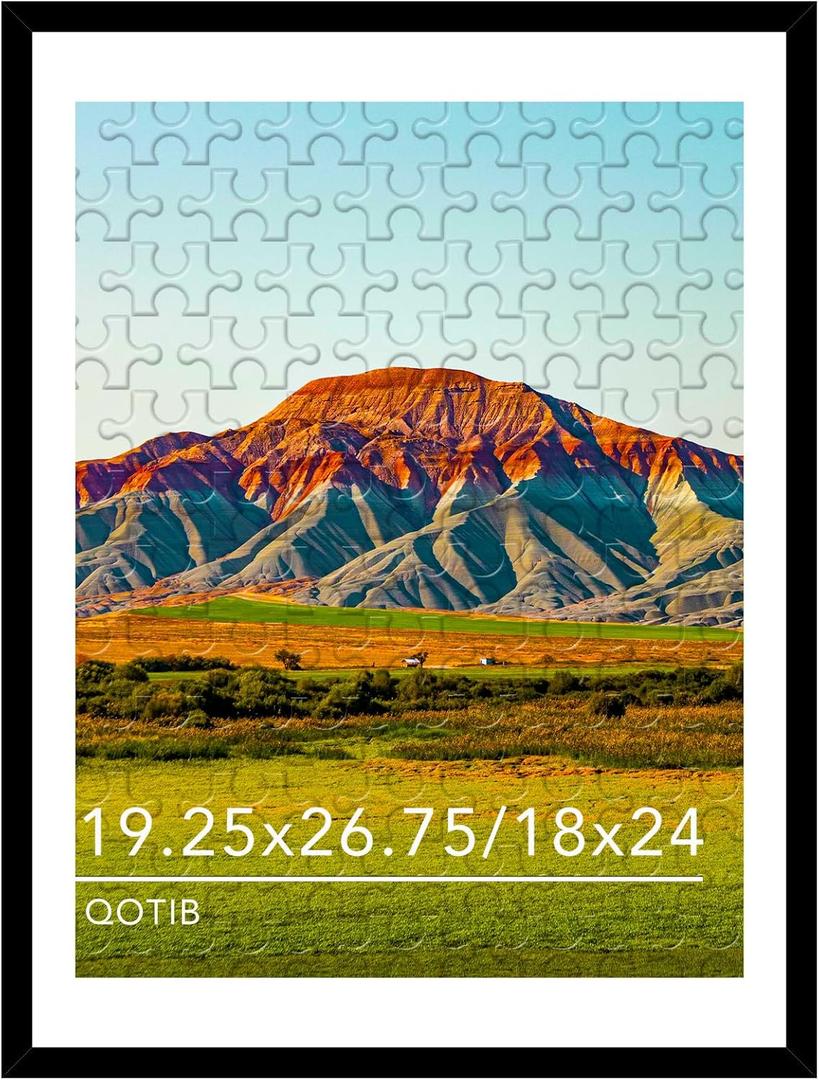 Wood 19.25x26.75 Puzzle Frame with 18x24 Mat Black, Display 18x24 with Mat or 19.25x26.75 Without Mat, Wood 19.25 by 26.75 Photo Frame, 19.25 x 26.75 Picture Frame for Wall Hanging Display, Black