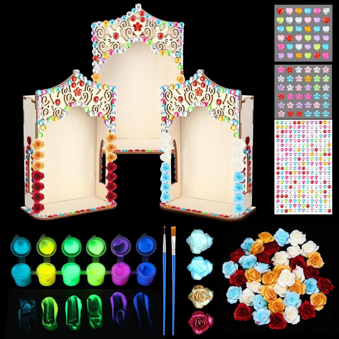 Glow in the Dark Dia De Los Muertos Altar Ofrenda Box DIY Decoration Kit, 3 Pcs Altar with Luminous Roses, Luminous Paint and Diamond Stickers, Day of the Dead Supplies and Decor