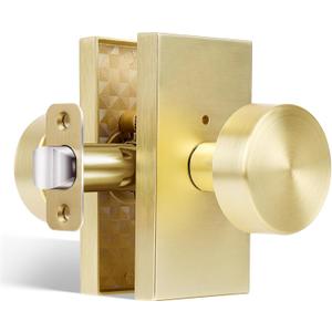 Privacy Gold Door Knob Interior, Satin Brass Door Knobs with Lock, Modern Round Door Handles for Bedroom Bathroom,Rectangle Rosette