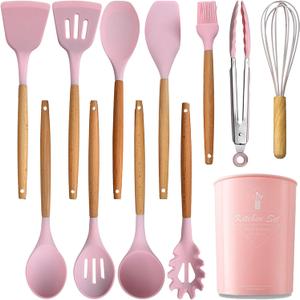 Silicone Cooking Utensils Set, 12-piece Kitchen Utensil Set Non-stick Cookware Is Heat-resistant, BPA-Free, Cooking Tools, Stirring Kitchen Tool Set (Pink)
