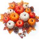 Pumpkin Decor Set, 22 PCS Fall Harvest Decorations - Orange Artificial Pumpkins, Pine Cones, Berries, Maple Leaves for Thanksgiving Farmhouse Fall Wedding Home Table Centerpiece Decor