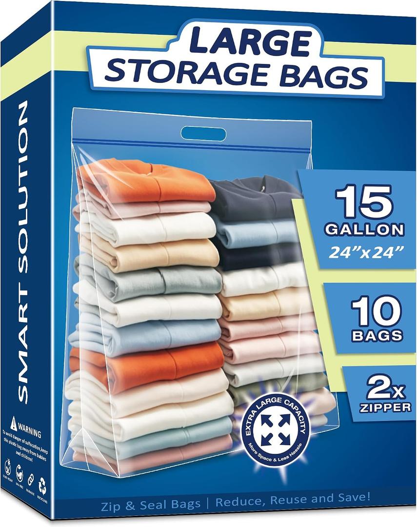 15 Gallon Large Resealable Storage Bags with Zipper Top | 24" x 24" Heavy Duty Clear Bags with Handles, 4 Mil Thick, Perfect for Clothing, Pillows, Travel, and Moving (10 Packs)