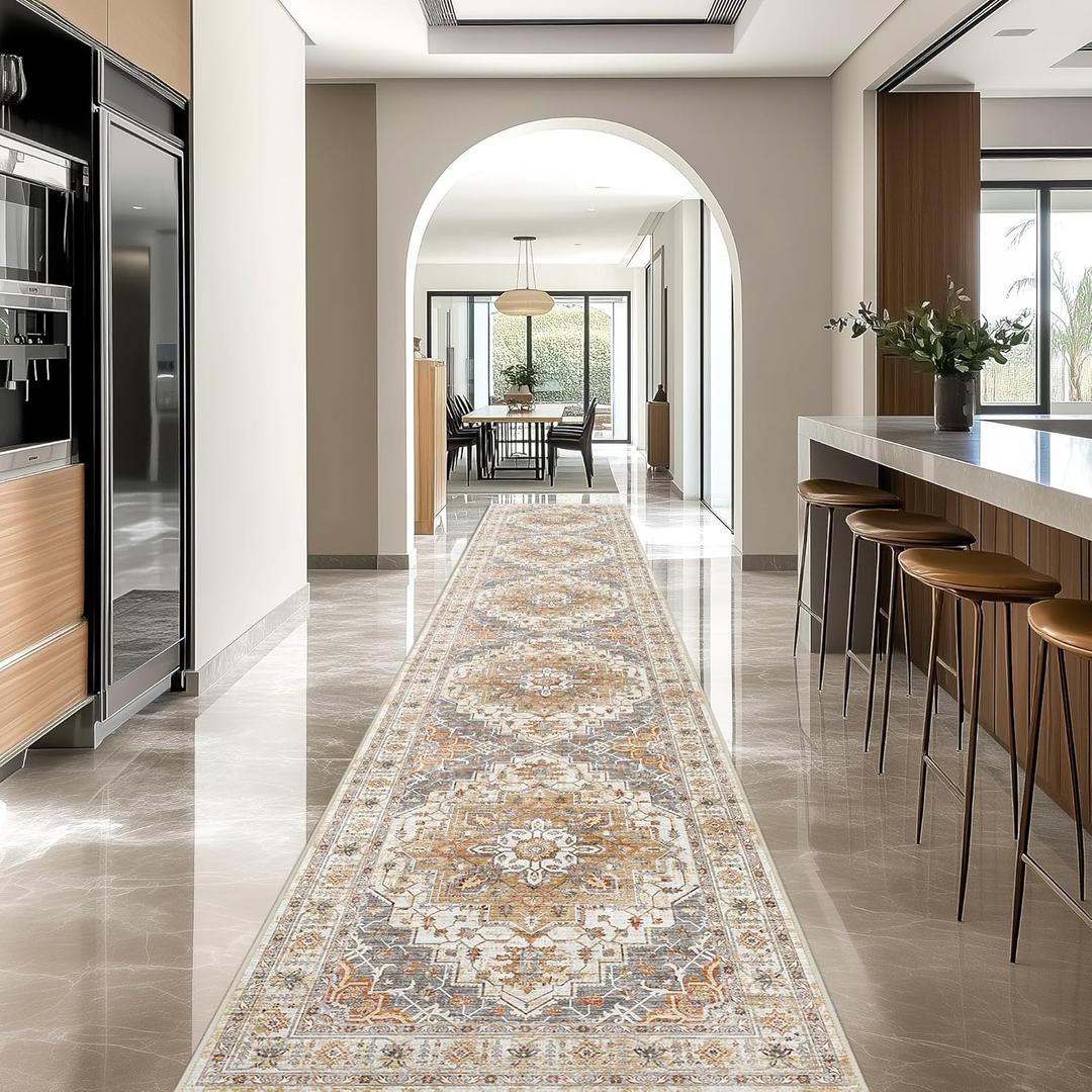 Madane Hallway Runner Rug 2'6''x16' Kitchen Runner - Non Slip Vintage Runners for Hallways Washable Soft Low Pile 2.5x16 ft Rug Runner for Laundry Room, Entryway and Bedroom, Turmeric/Grey