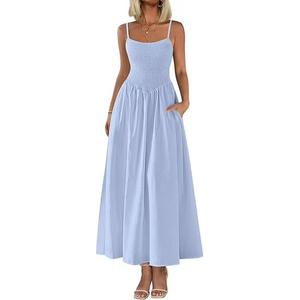 PRETTYGARDEN Women's Smocked Maxi Dresses Summer Beach Sundress Casual Spaghetti Strap Swing A Line Long Flowy Dress, Medium