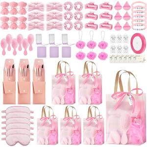 121 PCS Baby Shower Prizes for Winners Gifts Baby Shower Favors including Headband Hair Brush Compact Mirror Bath Sponges Powder Puff Hair Tie Claw Makeup Brushes Gift Bag Bridal Shower (Pink)