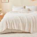 BEDELITE Blankets Queen Size for Bed, 300GSM Soft & Warm Fleece Blanket, Decorative and Giftable Striped Cream White Blankets for Women, Men, 88"x88" 2 Pillows Case 20x24 in