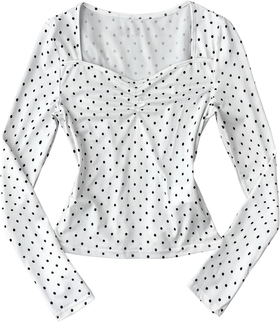 RoseSeek Girl's Cute Polka Dots Long Sleeve Tee Top Ruched Sweetheart Neck Coquette T Shirts, 14Y