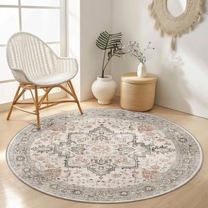 GENIMO 5FT Round Area Rugs for Living Room, Circle Rugs Machine Washable Low Pile, Chenille Non Slip Vintage Rug for Bedroom, Dining Room, Home Office, Light Taupe Brown