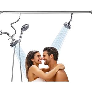 Dual Shower Head for Couples, High Pressure and Adjustable Multimodal Tandem Shower Head System for Two People Rod, 3-Setting Diverter with Holder, 71 Inch Extra Long Hose (Chrome)