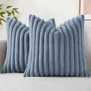 decorUhome Faux Fur Throw Pillow Covers 18x18 Set of 2, Decorative Soft Plush Striped Neutral Couch Euro Pillow Covers with Velvet Back for Sofa, Bed, Living Room Home Decor, Grey Blue