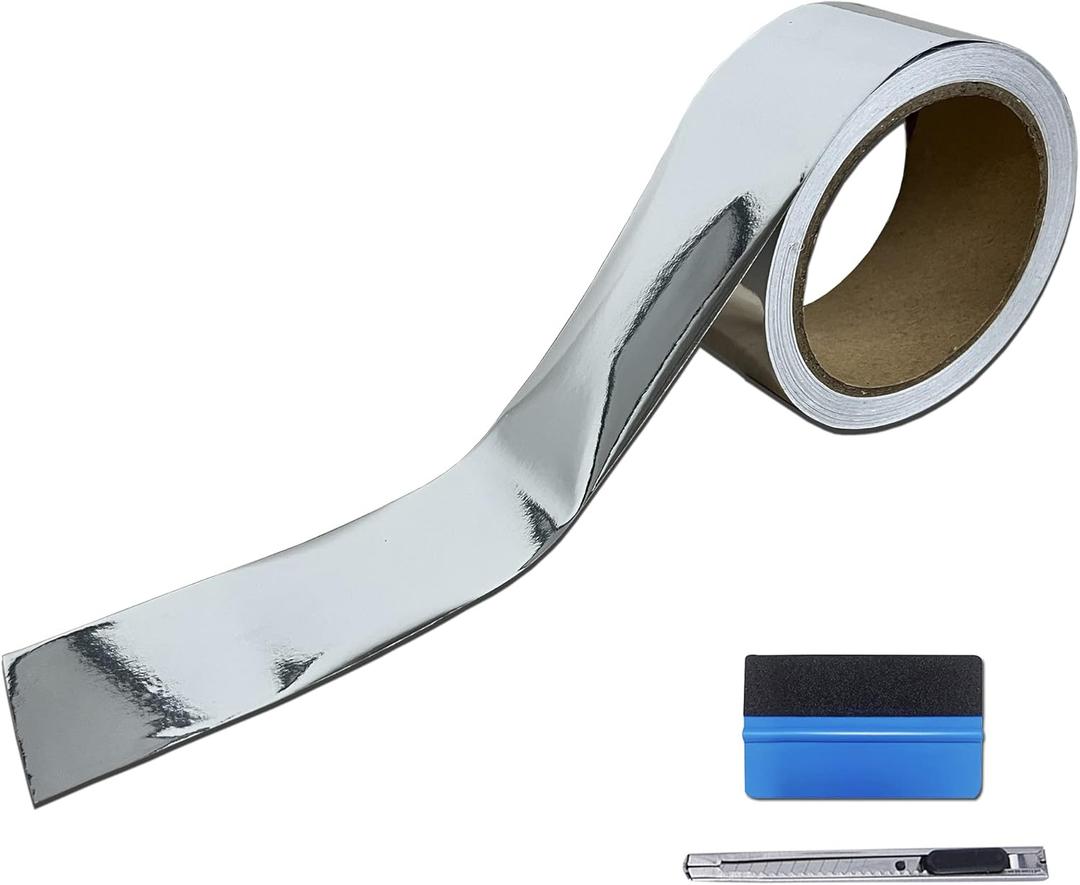 LZLRUN 2 Inches x 30 FT Chrome Mirror Vinyl Tape Wrap Adhesive Car Sticker Decal Film (Silver)