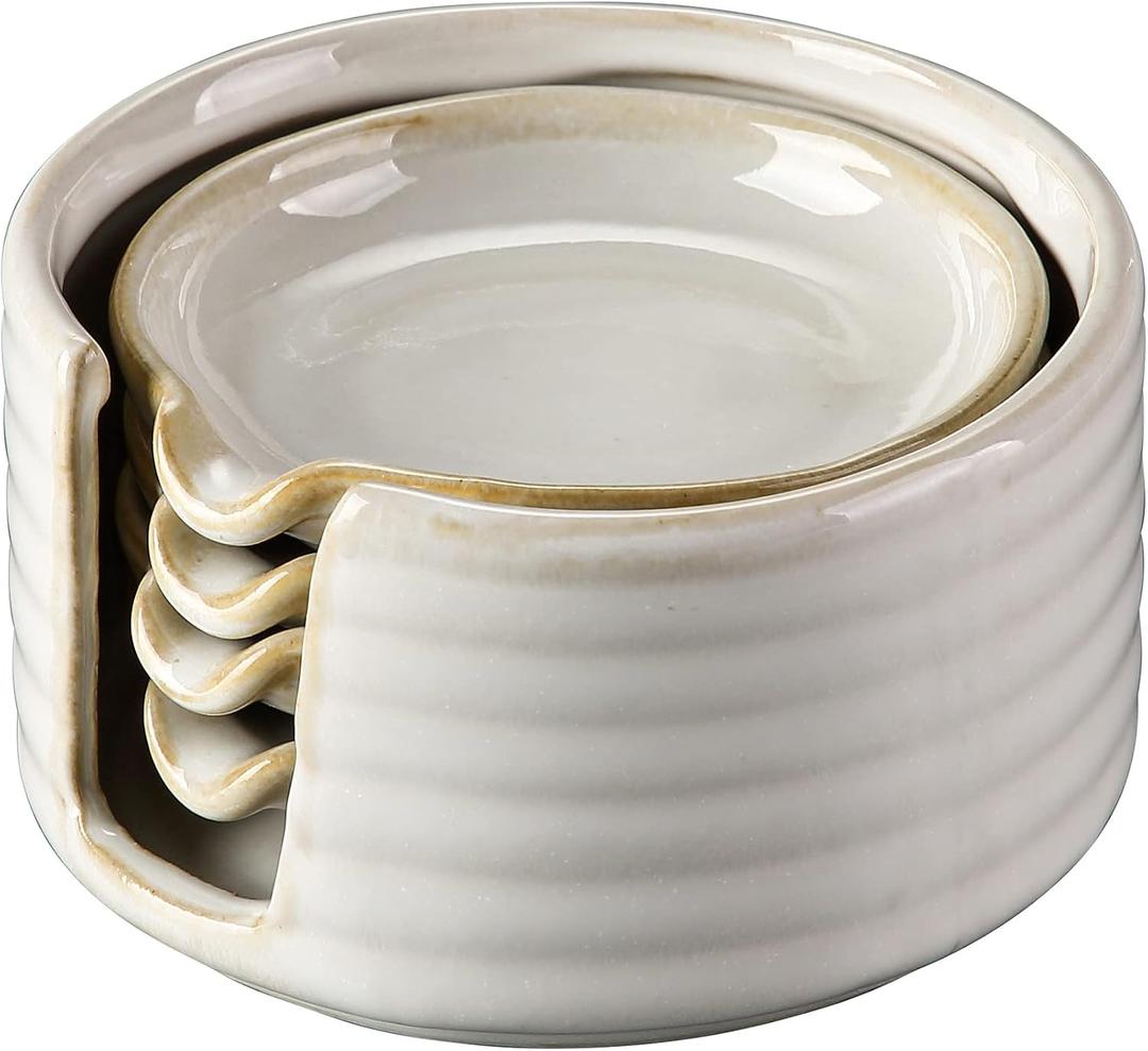 Ceramic Spoon Rest,Spoon Holder,Soy Sauce Dishes with Holder for Kitchen,Household Dipping Sauce Dishes Set, Side Dishes, Kitchen Basics,Set of 4 Kitchen Accessories For Utensils (cream)