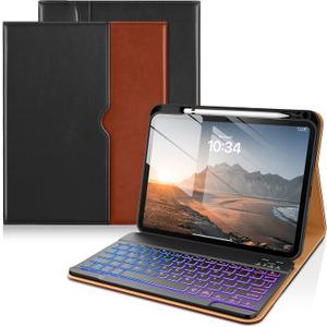 DTTO for iPad 11th (A16)/ 10th Generation Case with Keyboard (2025/2022), 7 Colors Backlit Wireless Detachable Keyboard Leather Folio Cover with Pencil Holder & Pocket, Black Brown