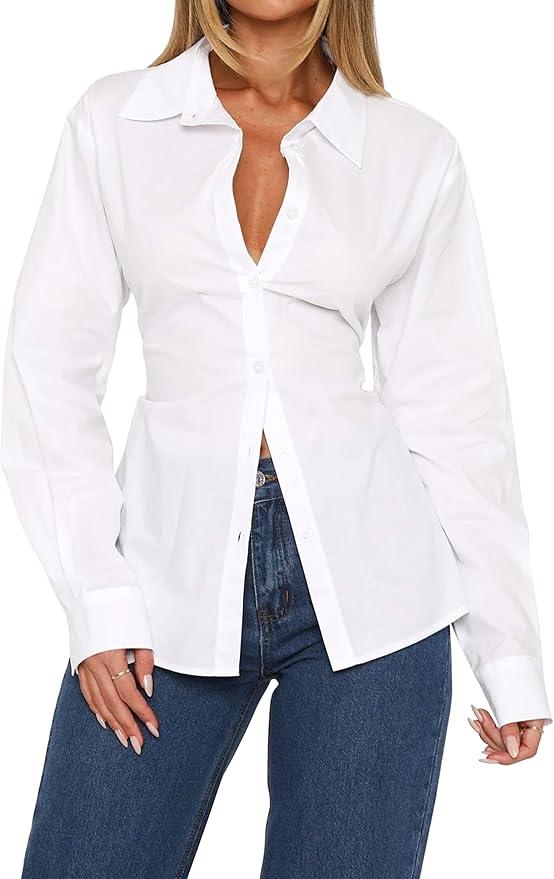 MISSACTIVER Women's Lapel Collar Button Down Shirt Cinch Waist Long Sleeve Casual Work Dressy Tunics Blouse Corset Tops White L