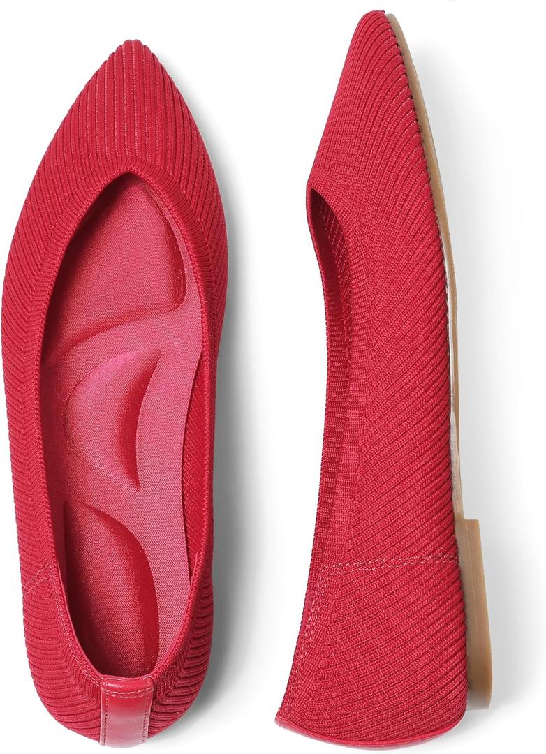 CELNEPHO Red Women's Comfortable Knit Mary Jane Flats - Pointed Toe, Slip On, Arch Support, Washable, Casual & Dressy Shoes - US Size: 11