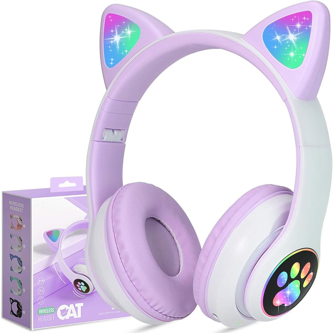 TCJJ Bluetooth 6.0 Cat Ear Kids Headphones for Girls, LED Light Up, 85dB Safe Volume Limit, Stereo Sound Toddler Foldable Wireless & 3.5mm Wired Headset with Mic for School, Tablet, Travel (Purple)