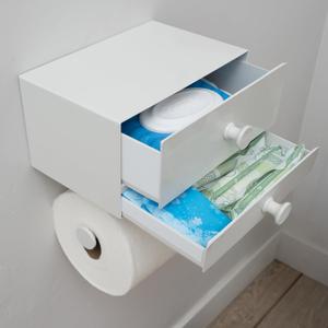 Modern Toilet Paper Holder with Storage Drawers - Toilet Paper and Wipes Holder for Bathroom - Aluminum TP Holder with Shelf and Drawers - Adhesive or Wall Screw Mounting - Withe/White Knobs