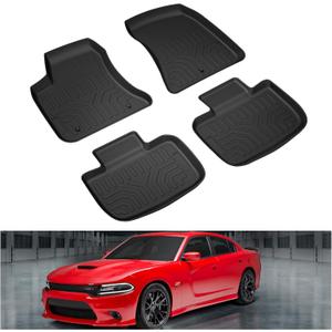 KIWI MASTER Floor Mats for 2011-2023 Dodge Charger RWD/Chrysler 300 RWD All Weather Custom Fit Mat Front & Rear 2 Row Seat TPE Slush Liners Set Black