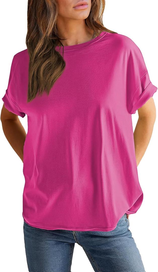 EVALESS Womens Fashion Summer Tops 2025 Crewneck Short Sleeve T Shirts (M)